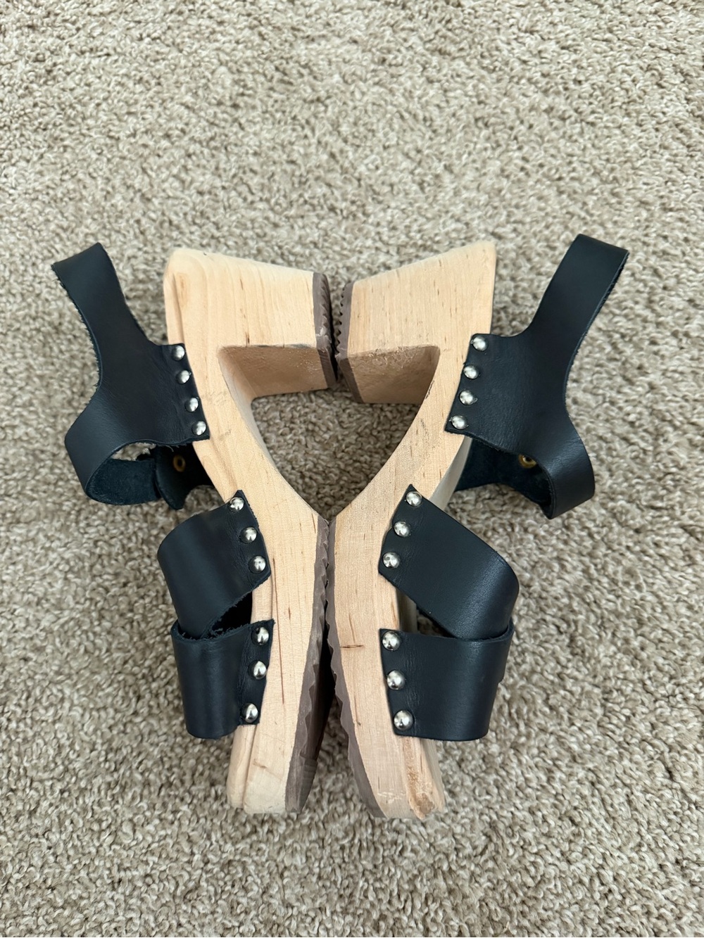 Black Leather Wooden Clog Sandals